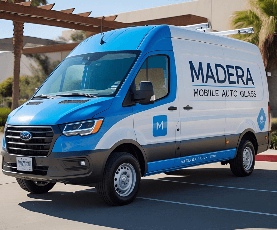 Blue and white mobile service van parked outdoors on a sunny day
